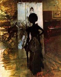 Mujer de negro que contempla el pastel de la signora Emiliana Concha de Ossa